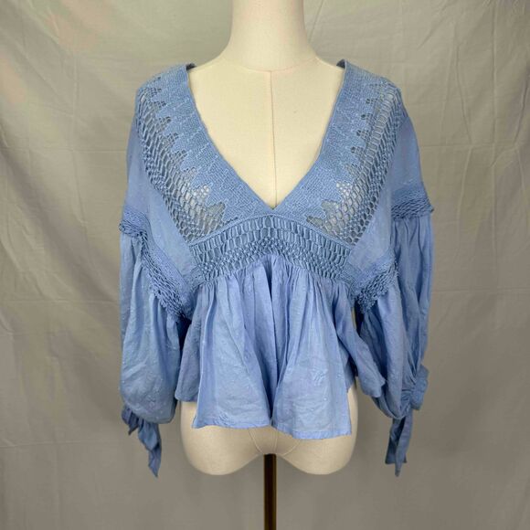 Free People Drive You Mad Blouse Blue Crochet Puff Sleeve Southern Bell Western - Picture 2 of 16